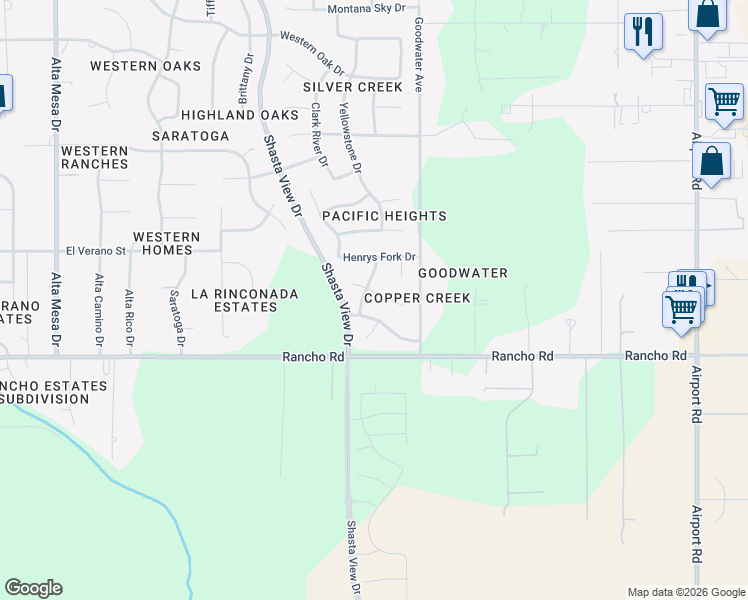 map of restaurants, bars, coffee shops, grocery stores, and more near 3104 Copper Creek Drive in Redding