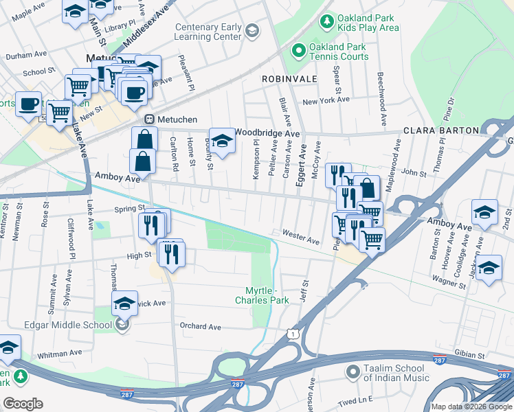 map of restaurants, bars, coffee shops, grocery stores, and more near 25 Coan Place in Metuchen