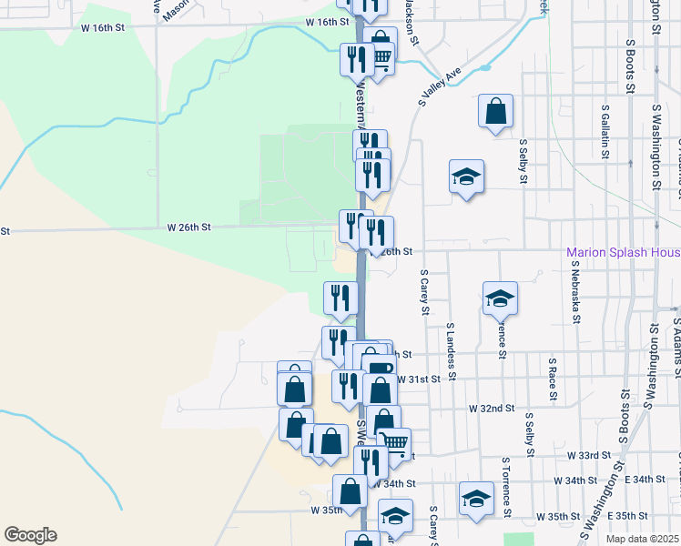 map of restaurants, bars, coffee shops, grocery stores, and more near 2630 South Western Avenue in Marion