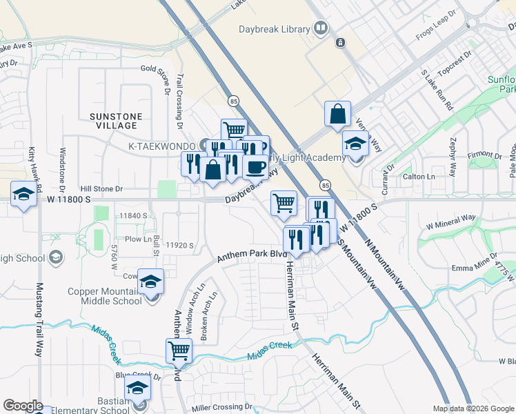 map of restaurants, bars, coffee shops, grocery stores, and more near 11821 Rushmore Park Lane in Herriman