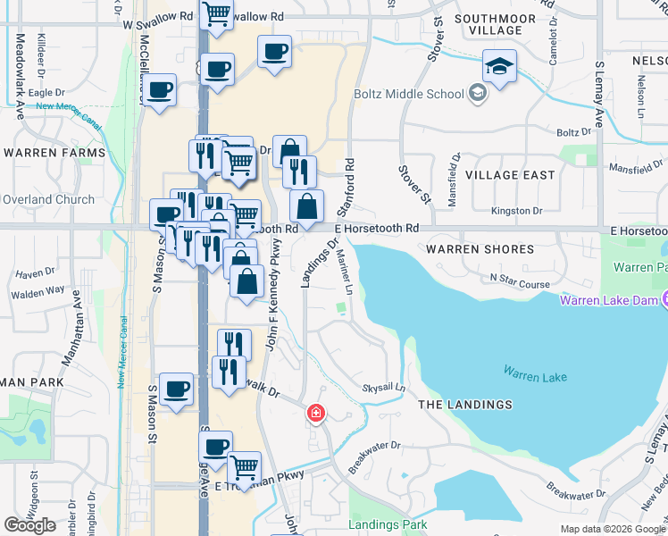 map of restaurants, bars, coffee shops, grocery stores, and more near 336 Leeward Court in Fort Collins