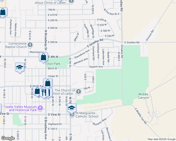 map of restaurants, bars, coffee shops, grocery stores, and more near 267 630 East in Tooele