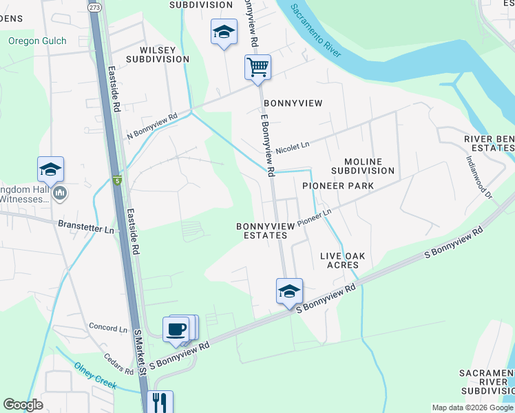 map of restaurants, bars, coffee shops, grocery stores, and more near 5536 Mill Pond Lane in Redding