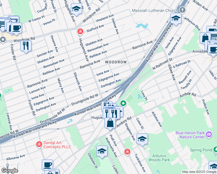 map of restaurants, bars, coffee shops, grocery stores, and more near 1466 Drumgoole Road West in Staten Island