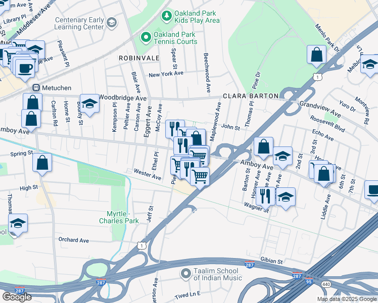 map of restaurants, bars, coffee shops, grocery stores, and more near 1188-1208 Amboy Avenue in Metuchen