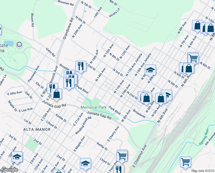 map of restaurants, bars, coffee shops, grocery stores, and more near 1205 Broadway in Altoona