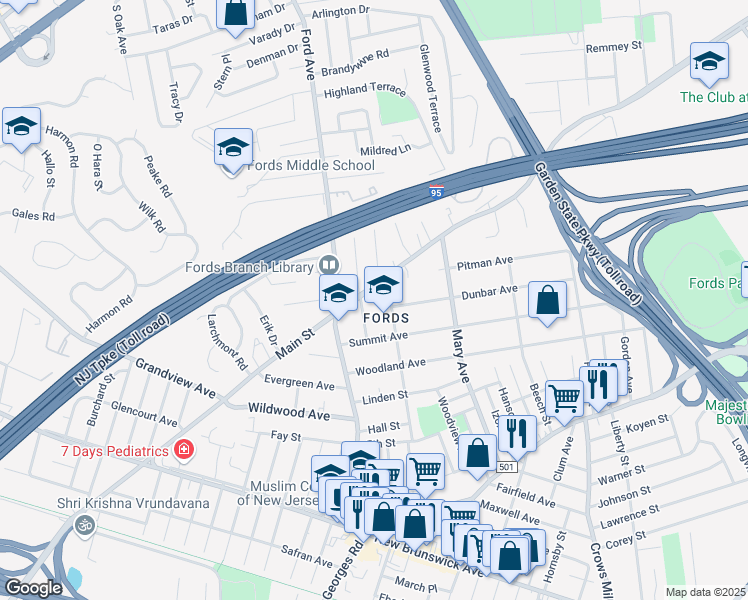 map of restaurants, bars, coffee shops, grocery stores, and more near 949 Main Street in Woodbridge Township