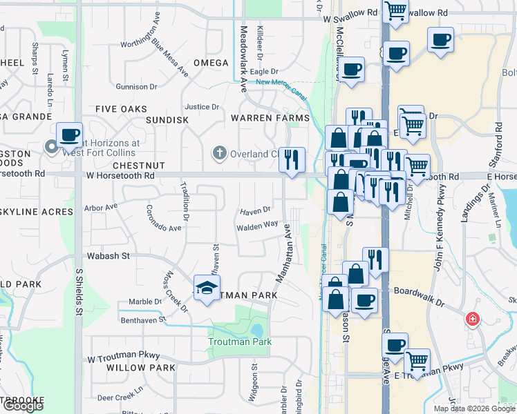 map of restaurants, bars, coffee shops, grocery stores, and more near 438 Haven Drive in Fort Collins