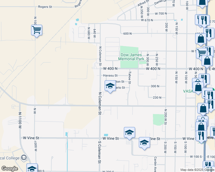 map of restaurants, bars, coffee shops, grocery stores, and more near 556 Ontario Street in Tooele