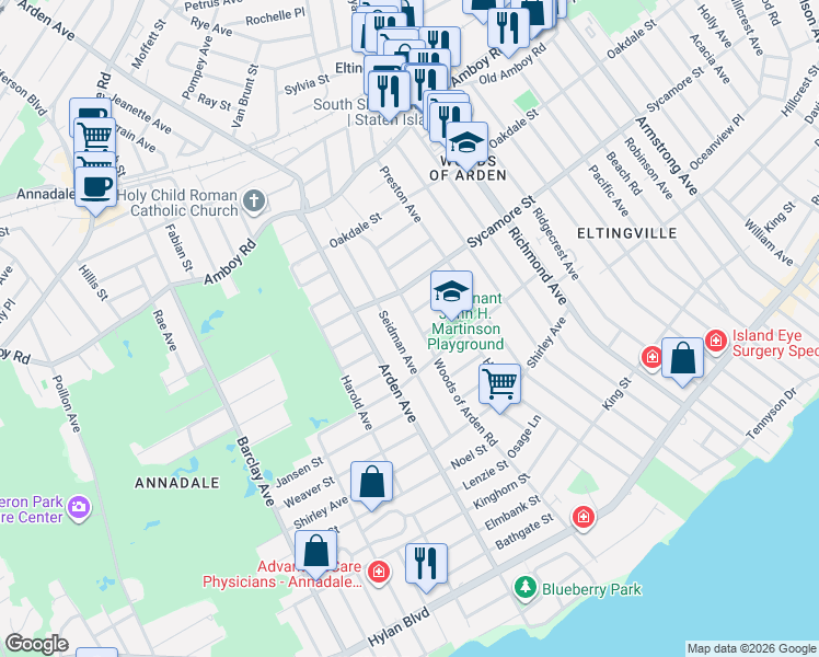 map of restaurants, bars, coffee shops, grocery stores, and more near 188 Woods of Arden Road in Staten Island