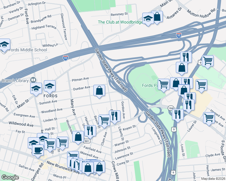 map of restaurants, bars, coffee shops, grocery stores, and more near 83 Poplar Street in Woodbridge Township