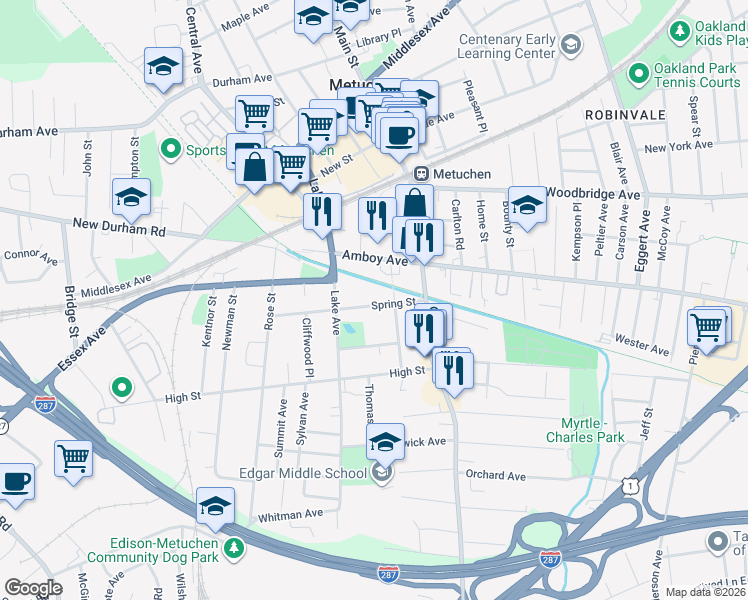 map of restaurants, bars, coffee shops, grocery stores, and more near 61 Spring Street in Metuchen