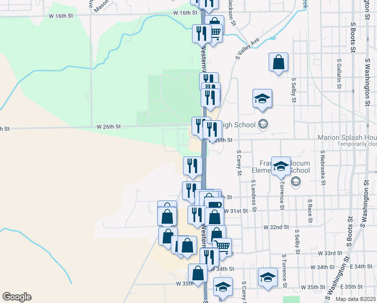 map of restaurants, bars, coffee shops, grocery stores, and more near 2630 South Western Avenue in Marion