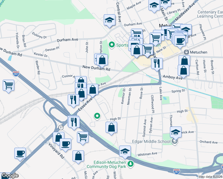 map of restaurants, bars, coffee shops, grocery stores, and more near 175 Essex Avenue in Metuchen