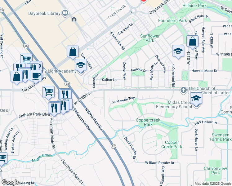 map of restaurants, bars, coffee shops, grocery stores, and more near 11844 Logans Run Cove in Herriman
