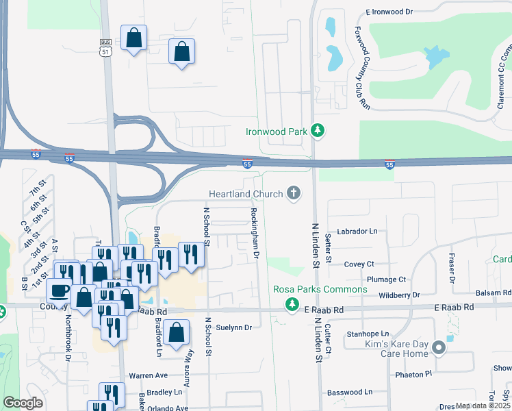 map of restaurants, bars, coffee shops, grocery stores, and more near 104 Crossing Drive in Normal