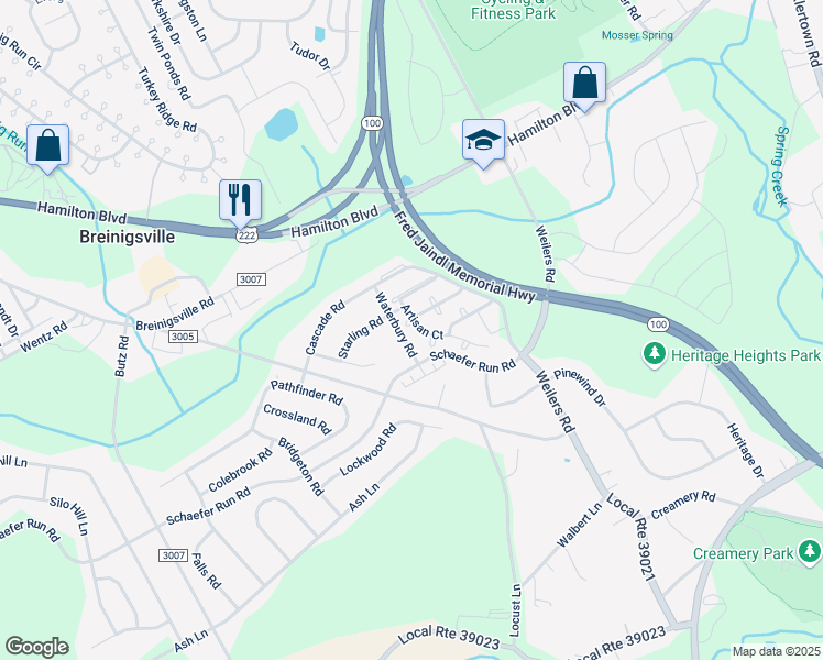 map of restaurants, bars, coffee shops, grocery stores, and more near 1528 Artisan Court in Breinigsville