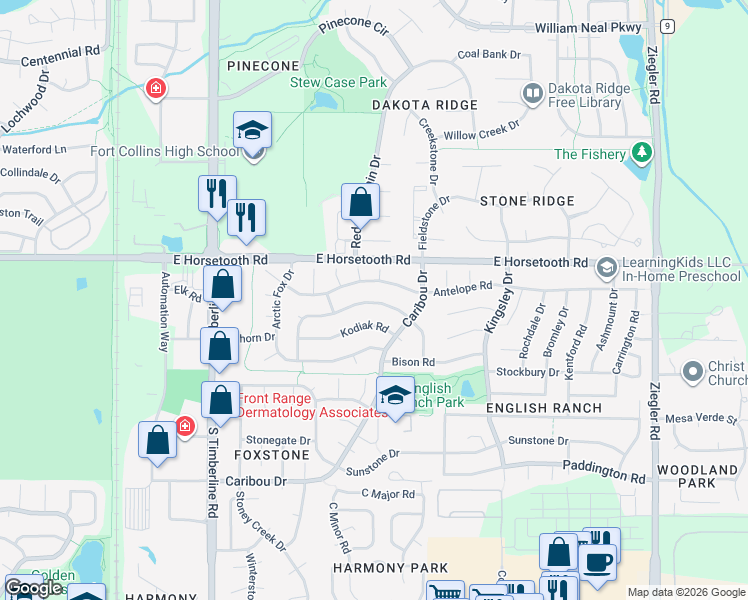 map of restaurants, bars, coffee shops, grocery stores, and more near 2406 Kodiak Road in Fort Collins