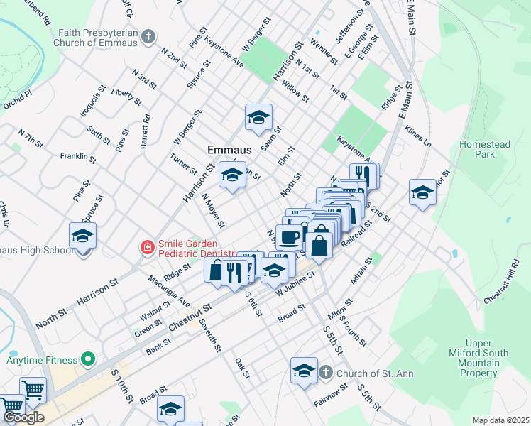 map of restaurants, bars, coffee shops, grocery stores, and more near 124 North 5th Street in Emmaus