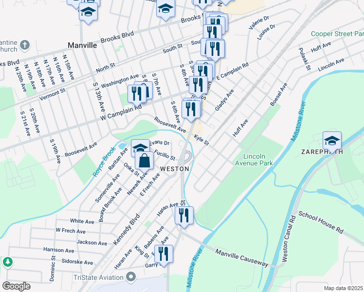 map of restaurants, bars, coffee shops, grocery stores, and more near 440 South Main Street in Manville