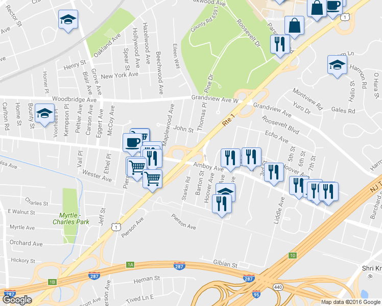 map of restaurants, bars, coffee shops, grocery stores, and more near 1361 U.S. 1 in Edison