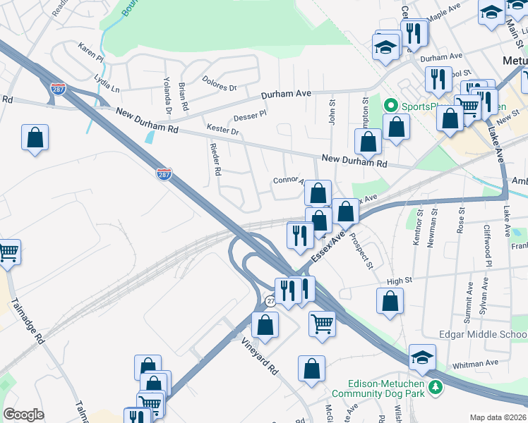 map of restaurants, bars, coffee shops, grocery stores, and more near 50 Bridge Street in Metuchen
