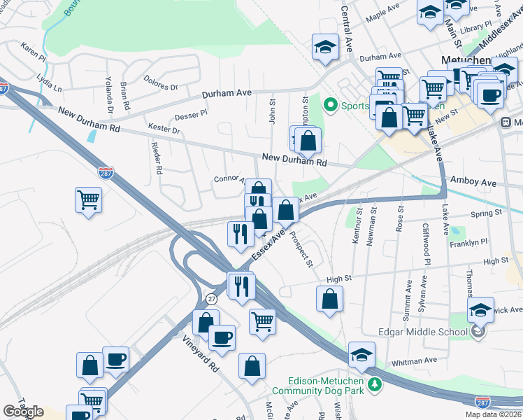 map of restaurants, bars, coffee shops, grocery stores, and more near 50 Bridge Street in Metuchen