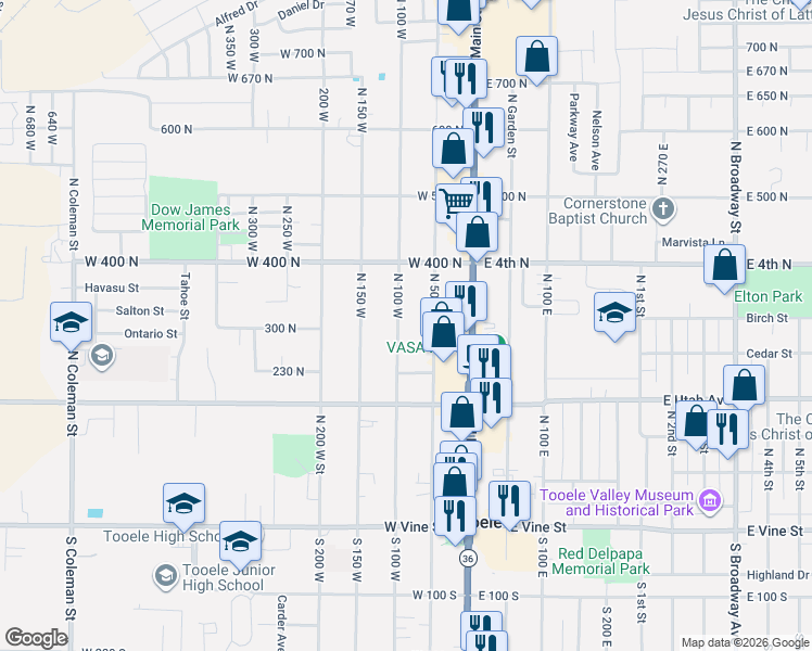 map of restaurants, bars, coffee shops, grocery stores, and more near 312 North 100 West in Tooele