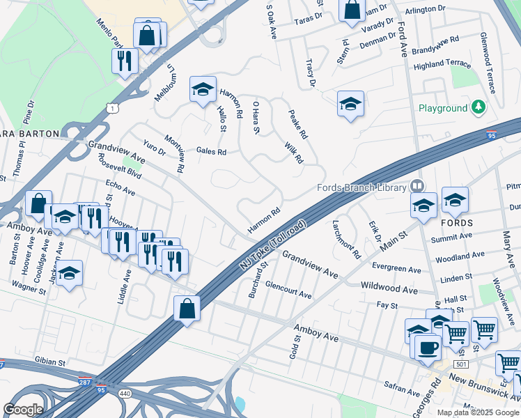 map of restaurants, bars, coffee shops, grocery stores, and more near 28 Bodnarik Road in Edison
