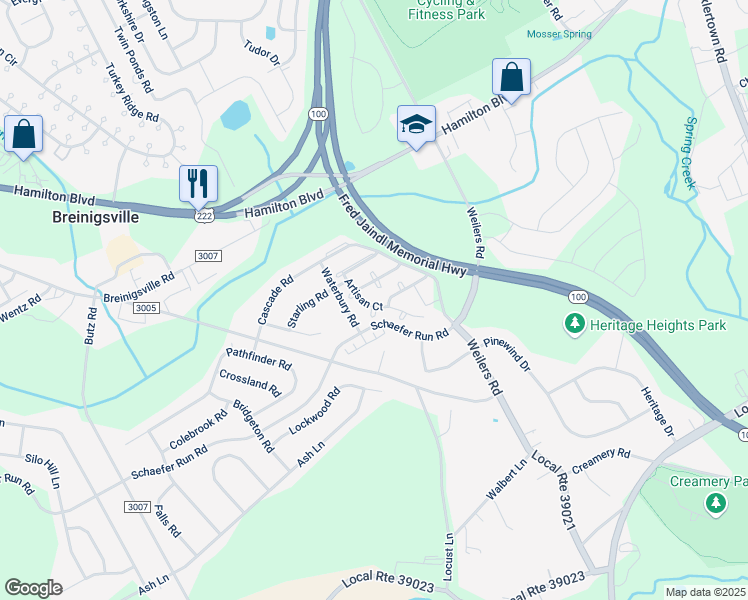 map of restaurants, bars, coffee shops, grocery stores, and more near 1503 Artisan Court in Breinigsville