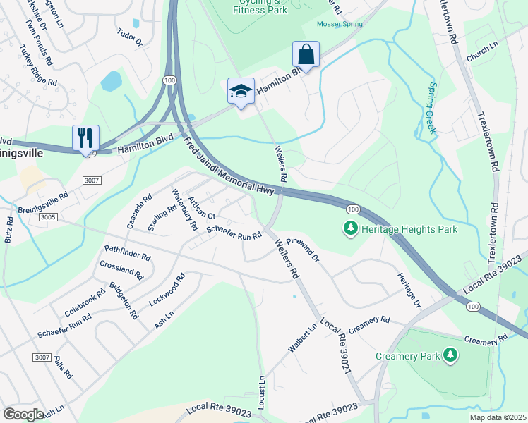 map of restaurants, bars, coffee shops, grocery stores, and more near 8466 Mason Court in Breinigsville