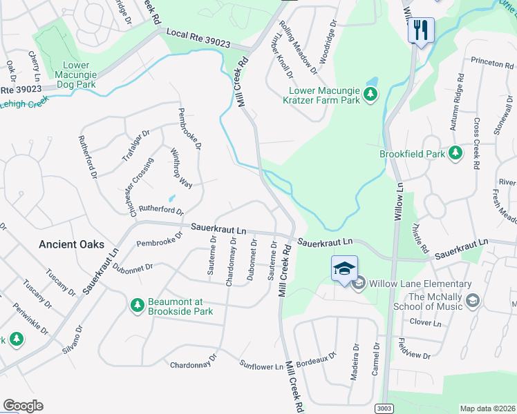 map of restaurants, bars, coffee shops, grocery stores, and more near 6341 Sauterne Drive in Macungie