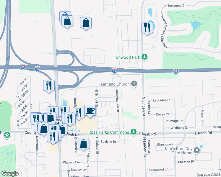 map of restaurants, bars, coffee shops, grocery stores, and more near 126 Crossing Drive in Normal