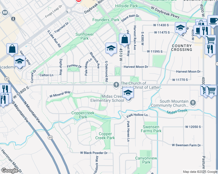 map of restaurants, bars, coffee shops, grocery stores, and more near 11853 South Ticaboo Mine Road in Herriman