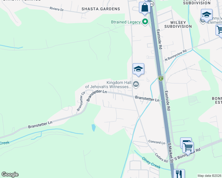map of restaurants, bars, coffee shops, grocery stores, and more near 1891 Branstetter Lane in Redding