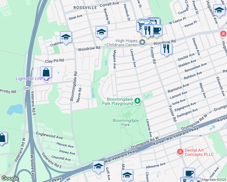 map of restaurants, bars, coffee shops, grocery stores, and more near 167 El Camino Loop in Staten Island