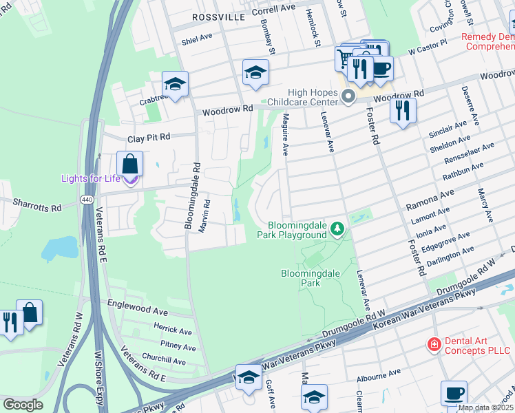 map of restaurants, bars, coffee shops, grocery stores, and more near 126 El Camino Loop in Staten Island
