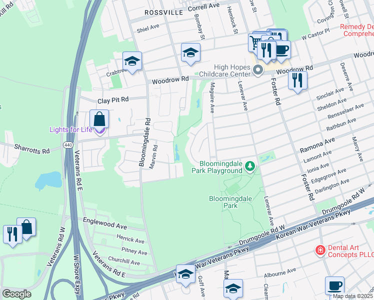 map of restaurants, bars, coffee shops, grocery stores, and more near 126 El Camino Loop in Staten Island