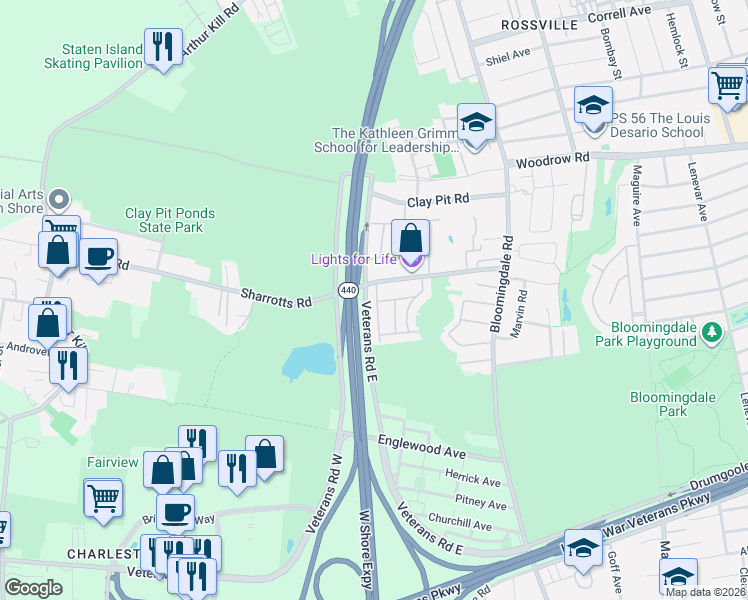 map of restaurants, bars, coffee shops, grocery stores, and more near 57 Darnell Lane in Staten Island