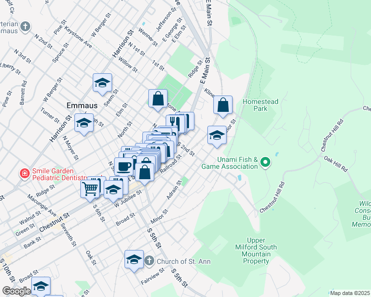 map of restaurants, bars, coffee shops, grocery stores, and more near 30 South 2nd Street in Emmaus