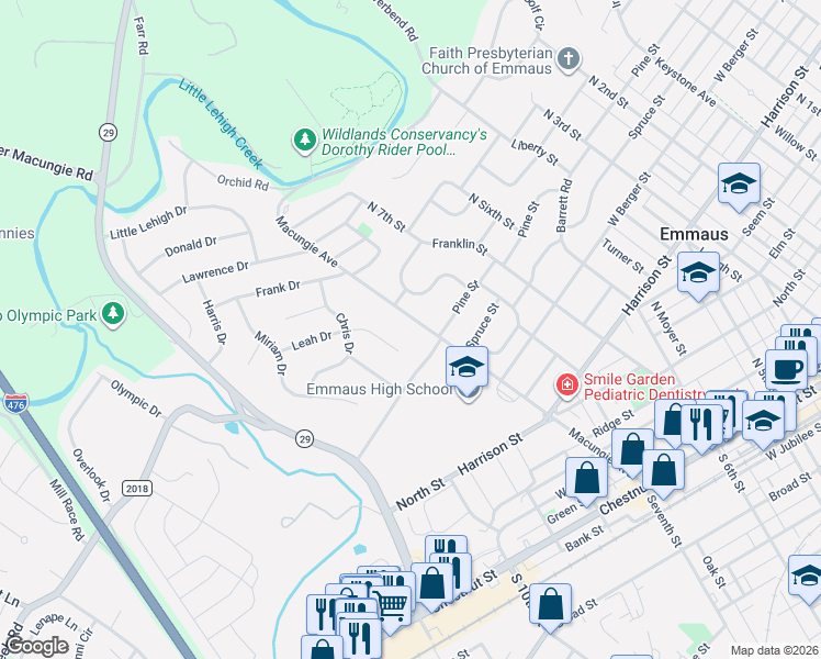 map of restaurants, bars, coffee shops, grocery stores, and more near 3646 Leah Drive in Emmaus
