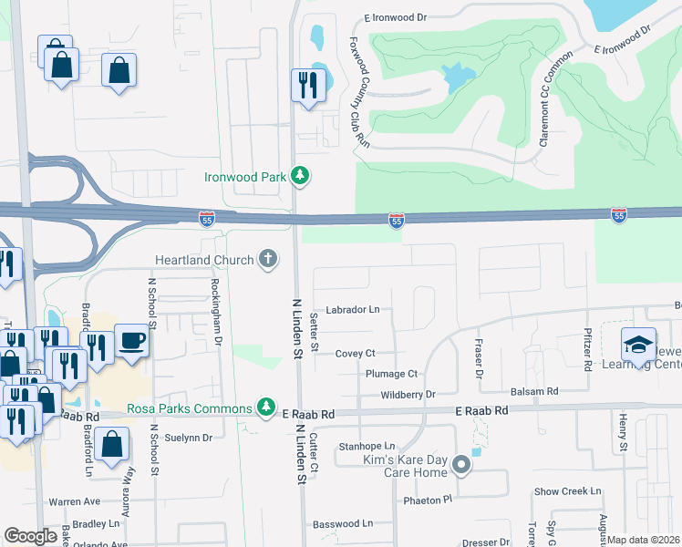 map of restaurants, bars, coffee shops, grocery stores, and more near 307 Thicket Point in Normal