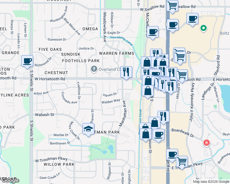 map of restaurants, bars, coffee shops, grocery stores, and more near 420 Haven Drive in Fort Collins