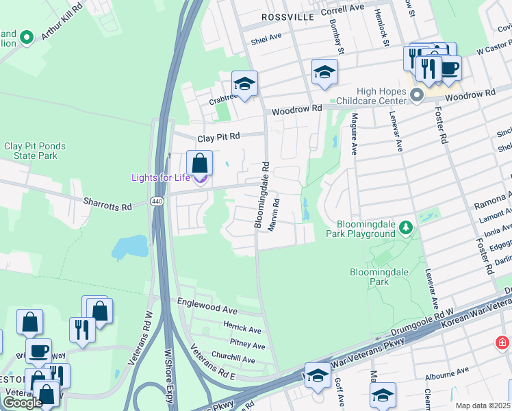map of restaurants, bars, coffee shops, grocery stores, and more near 17 Mallard Lane in Staten Island