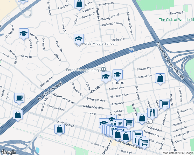 map of restaurants, bars, coffee shops, grocery stores, and more near 1022 Main Street in Woodbridge Township