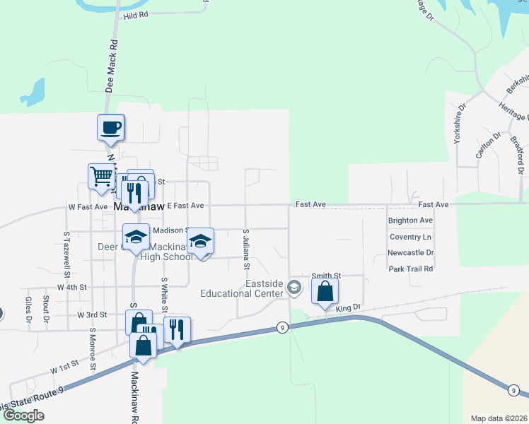 map of restaurants, bars, coffee shops, grocery stores, and more near 604 East Madison Street in Mackinaw