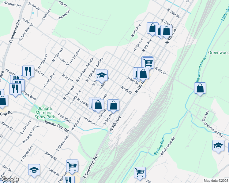 map of restaurants, bars, coffee shops, grocery stores, and more near 507 North 4th Street in Altoona