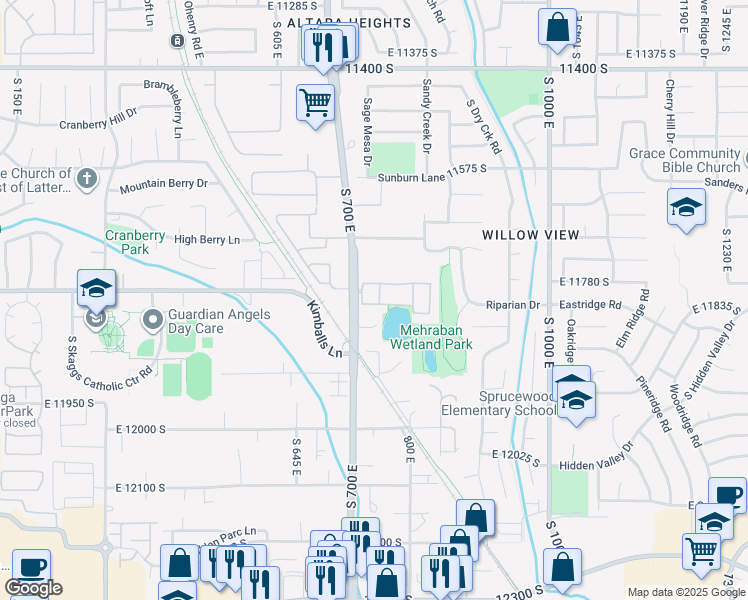 map of restaurants, bars, coffee shops, grocery stores, and more near 721 Shading Lane in Draper