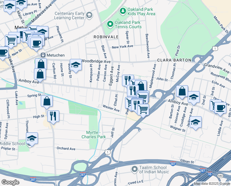 map of restaurants, bars, coffee shops, grocery stores, and more near 29 Ethel Place in Metuchen