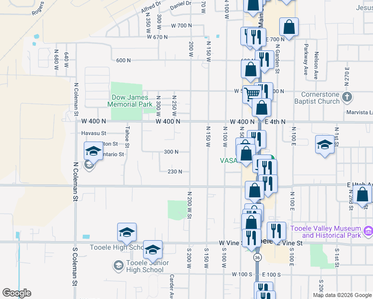 map of restaurants, bars, coffee shops, grocery stores, and more near 307 North 200 West in Tooele